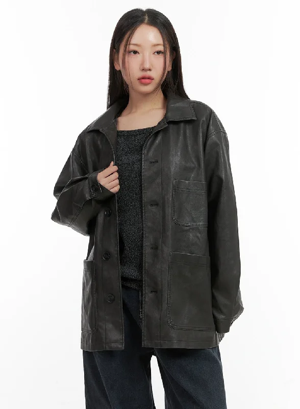 Best Jackets for Cold Weather-Buttoned Faux Leather Jacket CO417