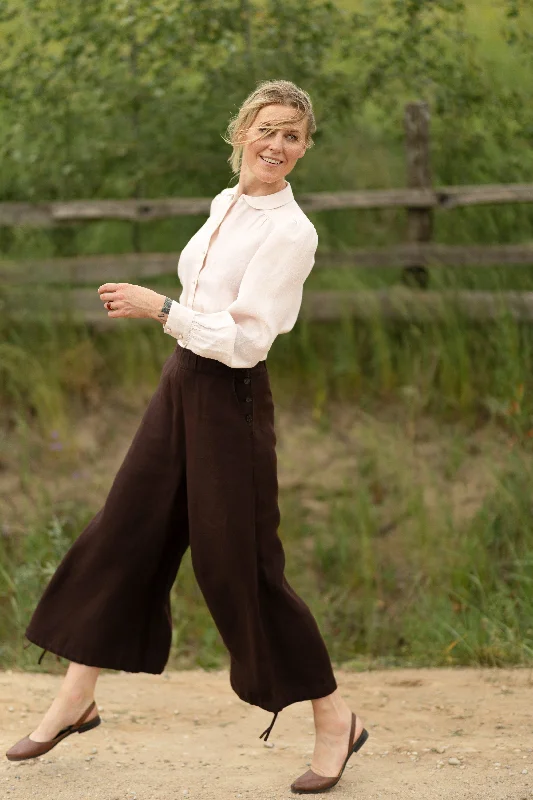 Classic Khaki Pants for Smart Style-Midi Charlotte Trousers, Twill Linen, Espresso Brown