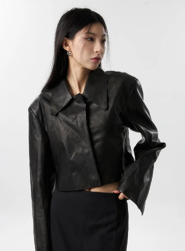 Wool Blazer Jackets for Professional Style-Faux Leather Crop Jacket IS315