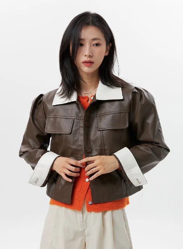 Active Jackets for Outdoor Sports and Activities-Faux Leather Color-Block Jacket OG318