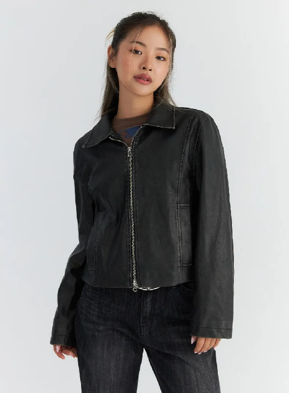 Packable Jackets for Convenient Travel-Faux Leather Zip-Up Jacket CO310