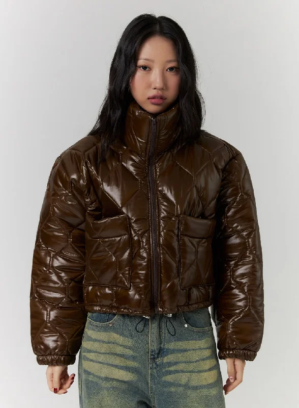 Insulated Parkas for Snowy Days-Glossy Quilted Puffer Jacket CD319