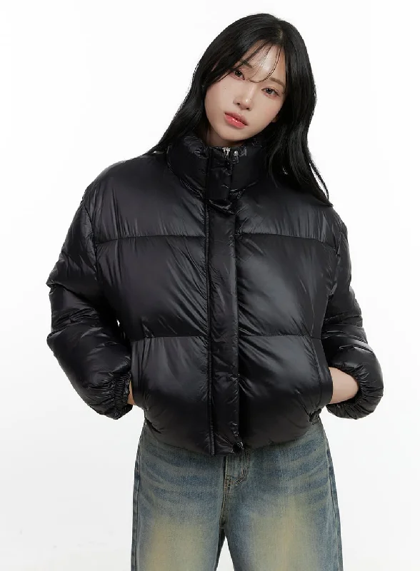 Classic Trench Coats for Stylish Layers-Glossy Crop Puffer Jacket CN407