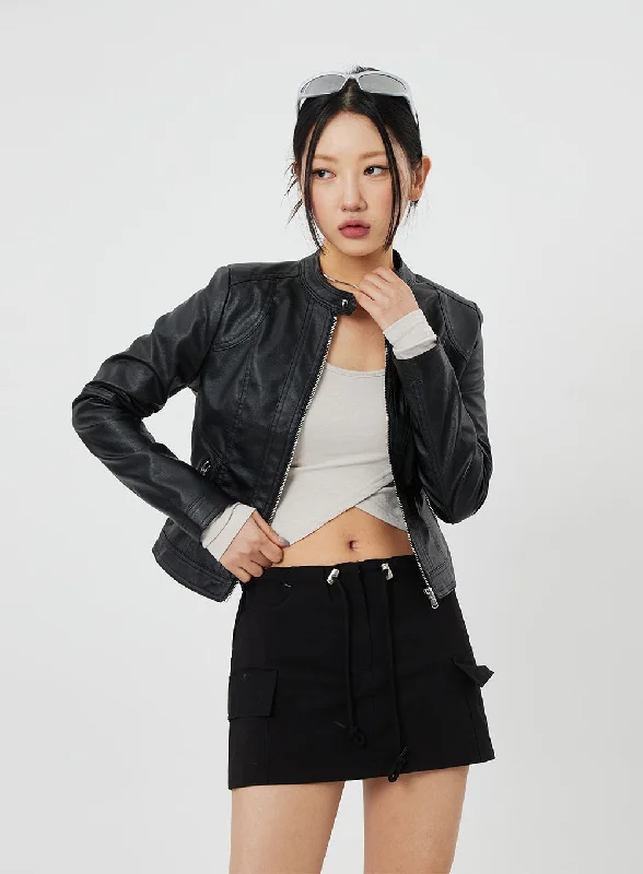 Stylish Jackets for Casual Outfits-Zip-Up Faux Leather Jacket CF314