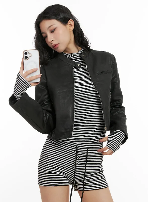 Designer Bomber Jackets for Stylish Looks-Solid Crop Faux Leather Jacket CN416