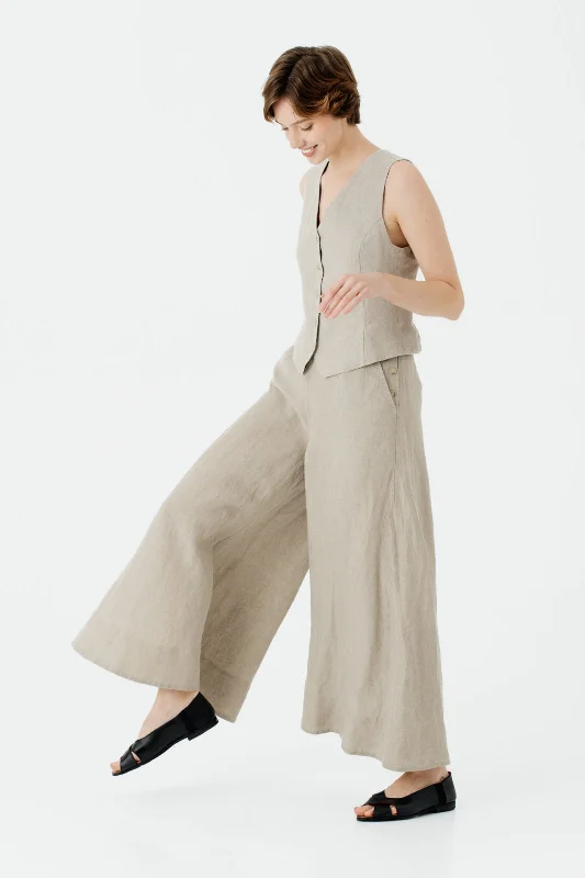 Athletic Pants for Gym and Fitness-Maxi Catherine Trousers, Natural Linen