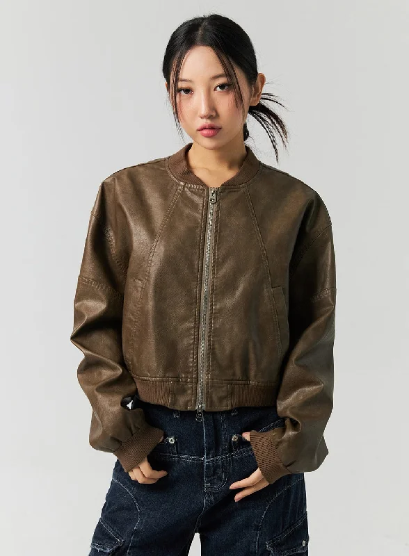 Eco-Friendly Jackets for Sustainable Fashion-Vintage Faux Leather Bomber Jacket CO323