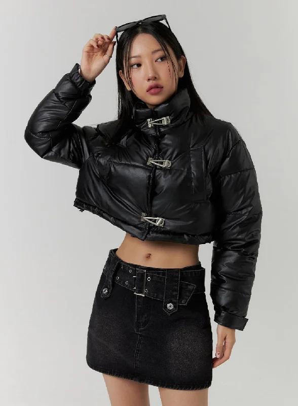 Modern Jackets for Street Style-Faux Leather Three-Buckled High Neck Puffer Jacket CD315