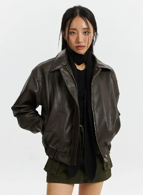 Trendy Jackets for Fashion-Forward Looks-Faux Leather Bomber Jacket CD321