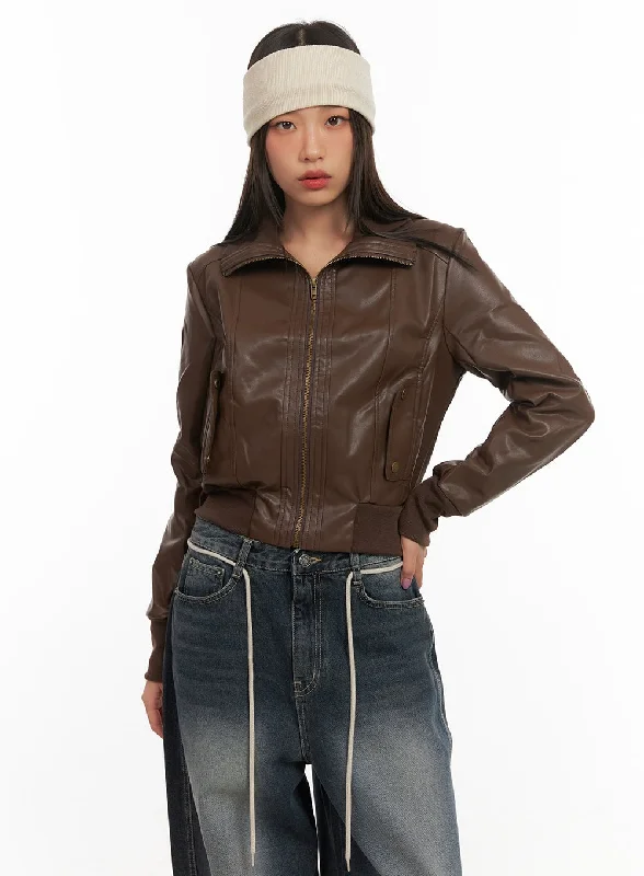 All-Weather Jackets for Outdoor Adventures-Long Sleeve Faux Leather Zip Jacket CD409