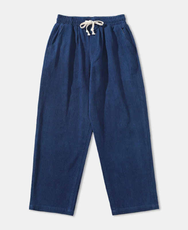 Fashionable Pants for Weekend Wear-Indigo-Dye Loose Cotton Herringbone Pants