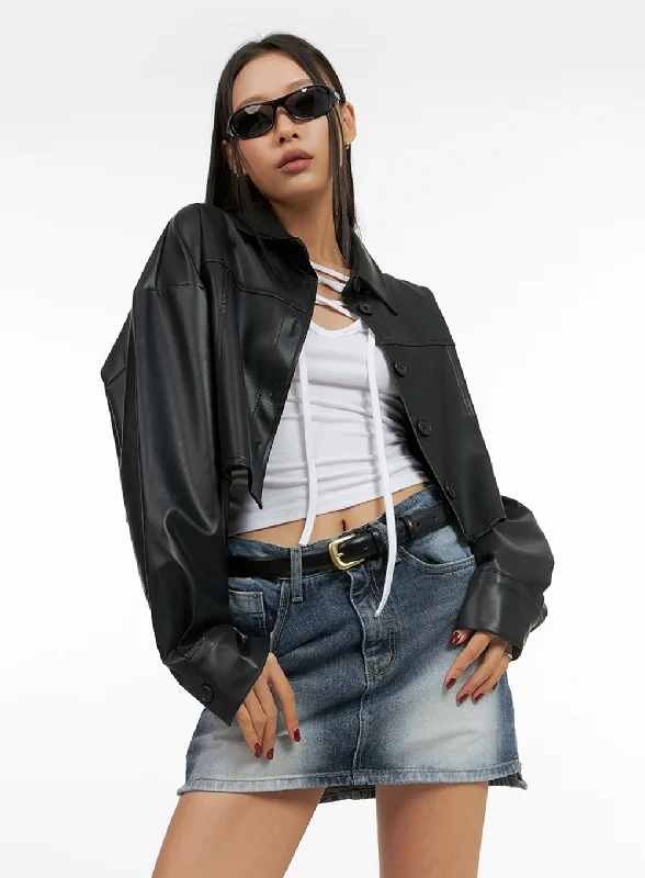 Winter Jackets for Snowy Conditions-Buttoned Faux Leather Cropped Jacket IS427