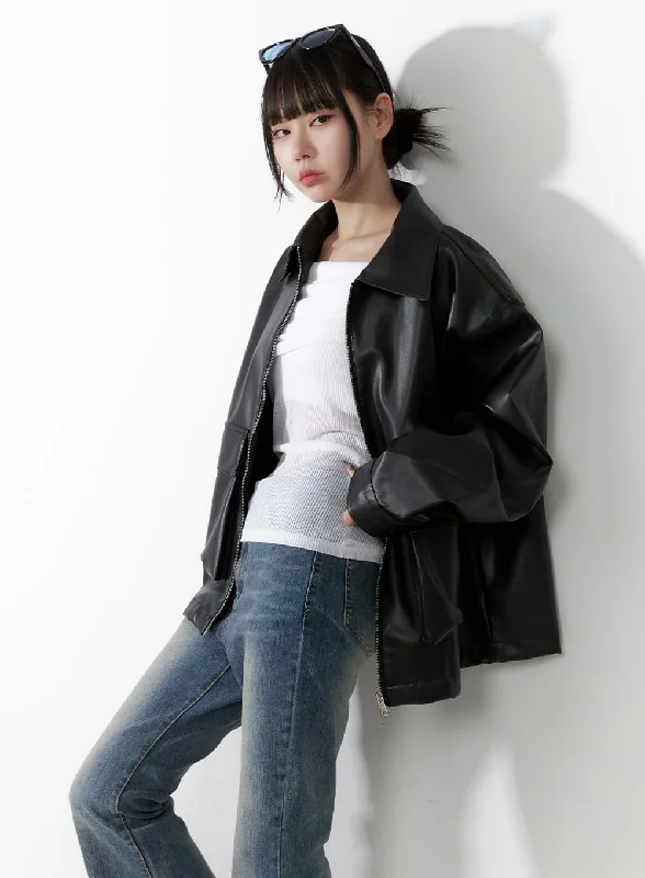 Leather Jackets for Bold Fashion-Oversized Zip-Up Leather Pocket Jacket OO401