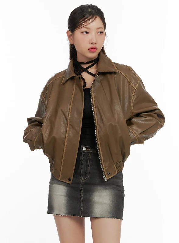 Reflective Jackets for Night Safety-Zip-Up Faux Leather Crop Jacket CS405