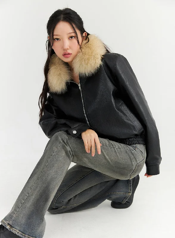 Urban Jackets for City Wear-Faux Leather Jacket with Fur Collar CN303