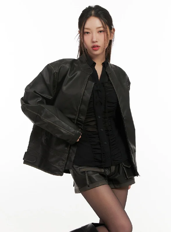 Packable Jackets for Convenient Travel-Stylish Moto Faux Leather Jacket CN428